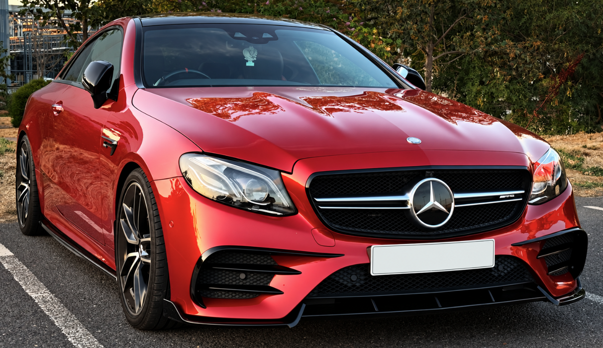 Gloss Black front splitter for Mercedes Benz W213 C238 E Class AMG, made of durable material, enhancing sporty front end appearance.