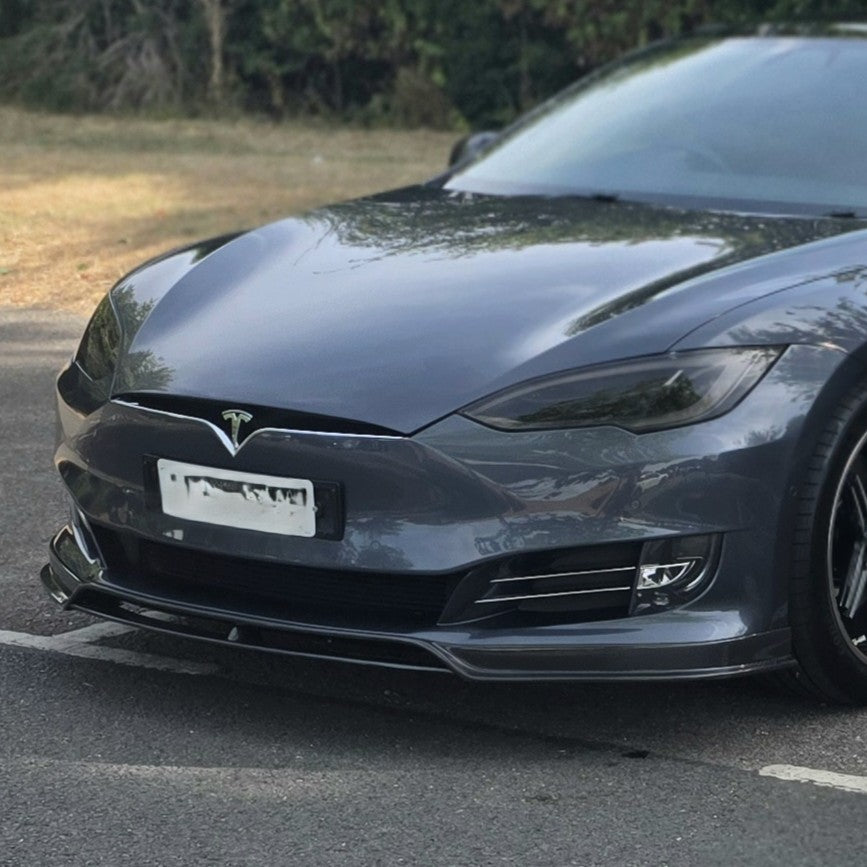 Carbon Fibre front splitter for Tesla Model S 2016-2020, showcasing sleek aerodynamic design and high-quality finish.