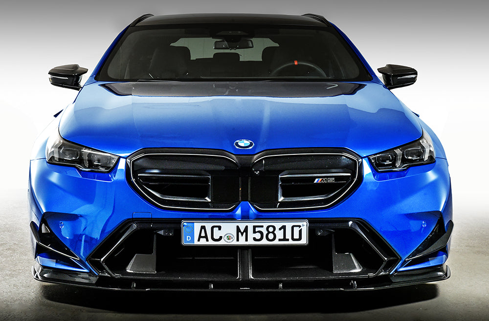 AC Schnitzer front splitter for BMW M5 G90, aerodynamic carbon fiber accessory enhancing sporty appearance and performance.