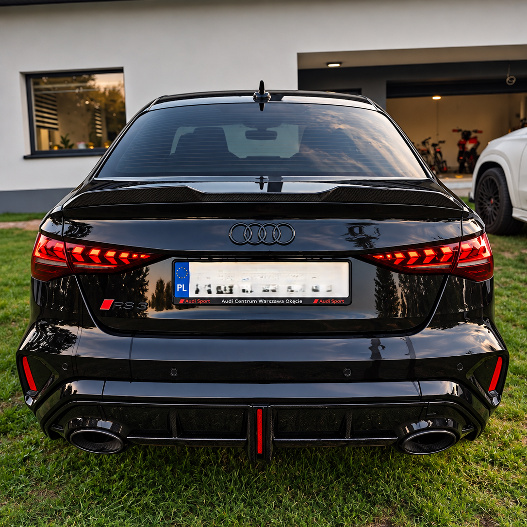Pre-preg carbon fiber boot spoiler for Audi RS3 8Y saloon, sleek aerodynamic design, lightweight and durable material.