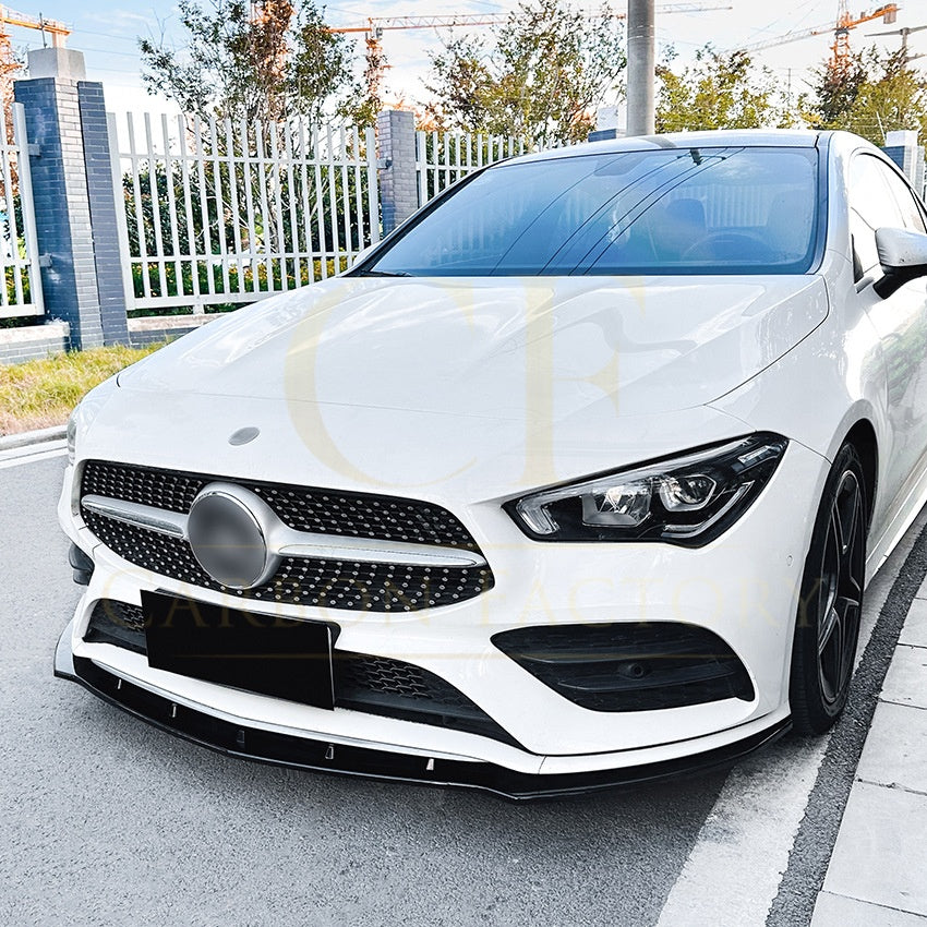 Gloss Black front splitter for Mercedes Benz W118 CLA 2019-2023, enhances sporty look and aerodynamics.