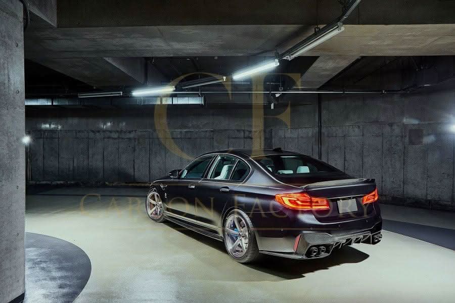 V Style carbon fiber rear diffuser for BMW G30 G31 5 Series M Sport F90 M5, showcasing sleek design and high-quality material.