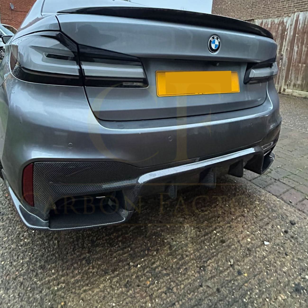 V Style carbon fiber rear diffuser for BMW G30 G31 5 Series M Sport F90 M5, showcasing sleek design and textured finish.