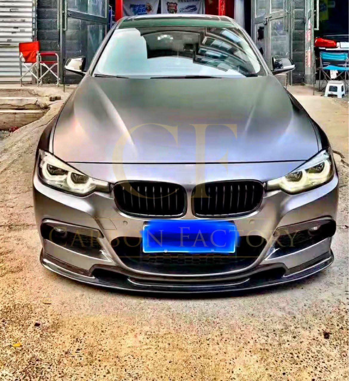 Carbon fibre front bumper upper trims for BMW 3 Series F30, 2012-2019, exterior car accessories with a sleek finish.