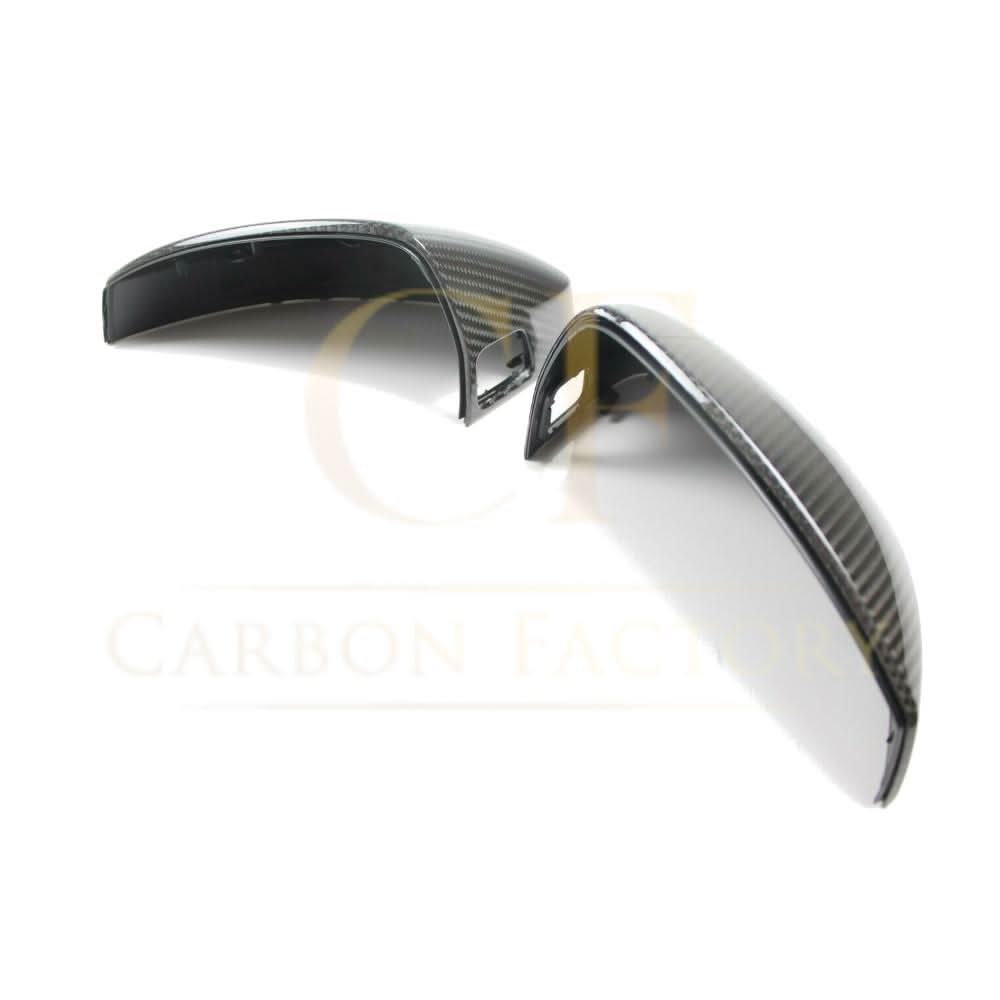 Carbon fibre replacement mirror covers for Audi 8V A3, S3, RS3 models 2013-2020, showing sleek, textured carbon fibre finish.