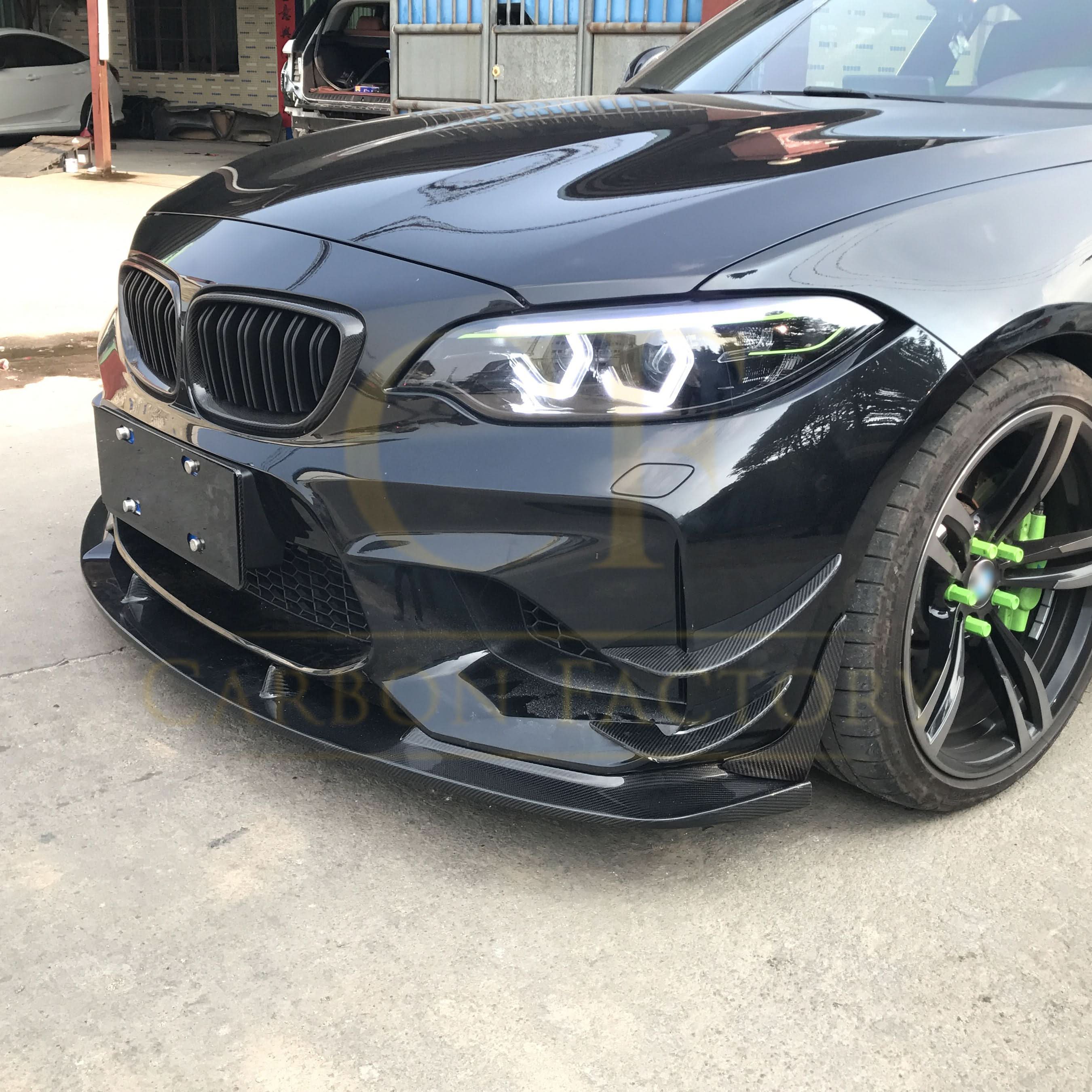 3D-style carbon fiber front splitter for BMW F87 M2 (2016-2018), lightweight aerodynamic car body kit accessory.