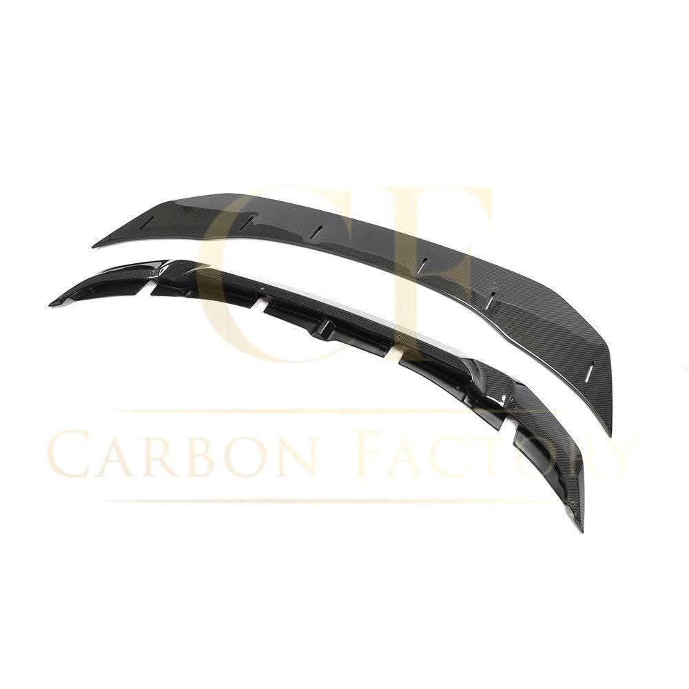 Carbon fibre GTS style front splitter installed on a BMW F80 M3, F82 F83 M4, showcasing aggressive aerodynamic design.