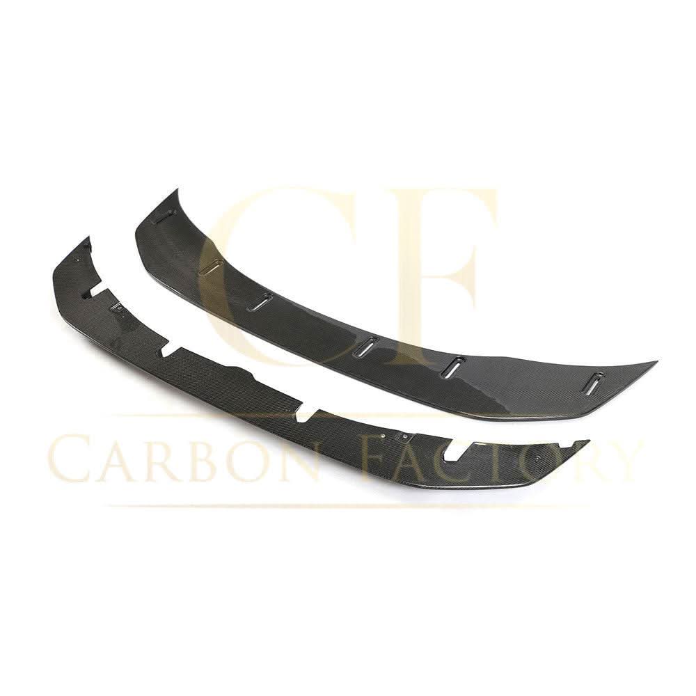 Carbon fibre GTS-style front splitter installed on a BMW F80 M3, F82 M4, and F83 M4 sports car, enhancing aerodynamic performance.