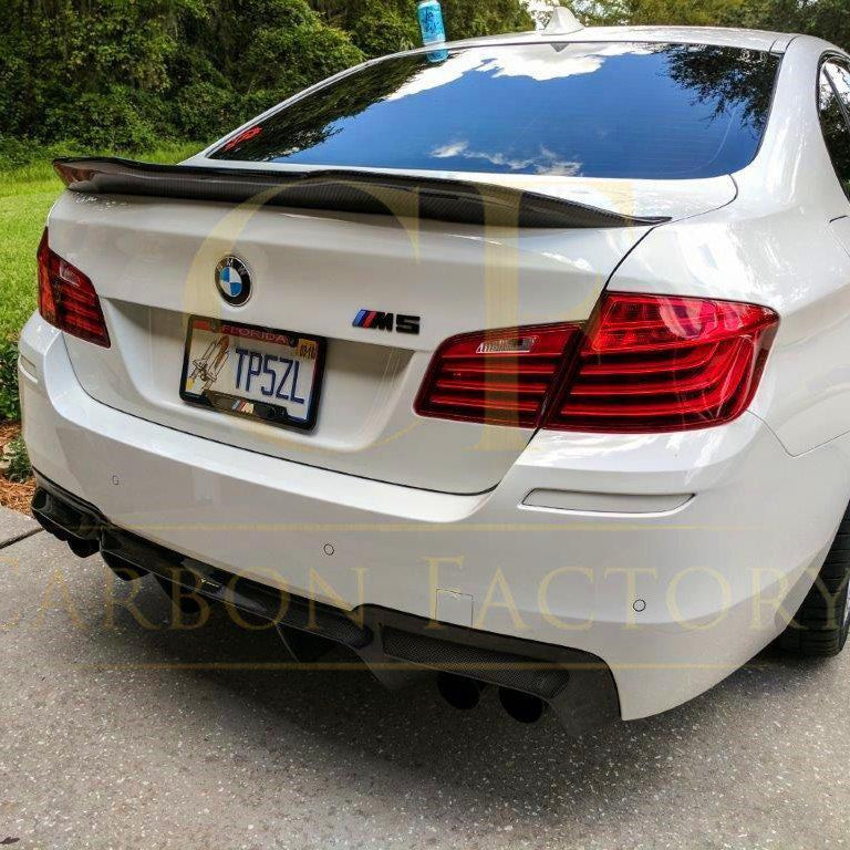Carbon fibre boot spoiler for BMW 5 Series F10 and M5, featuring a sleek, aerodynamic design for enhanced sporty look.
