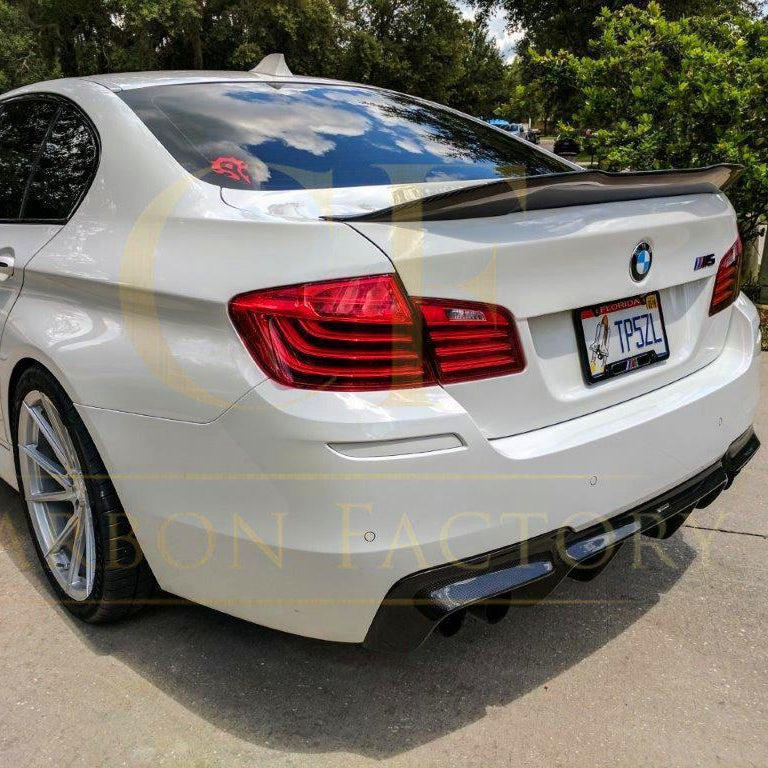 Carbon fibre boot spoiler for BMW 5 Series F10 including M5, featuring sleek, aerodynamic design for enhanced sportiness.