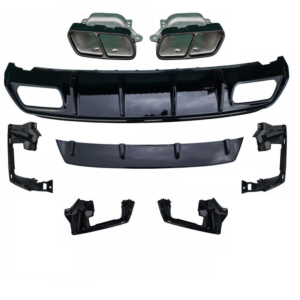 Gloss Black rear diffuser with exhaust tips for Mercedes-Benz W176 A-Class 2013-2018, stylish AMG-style automotive accessory.
