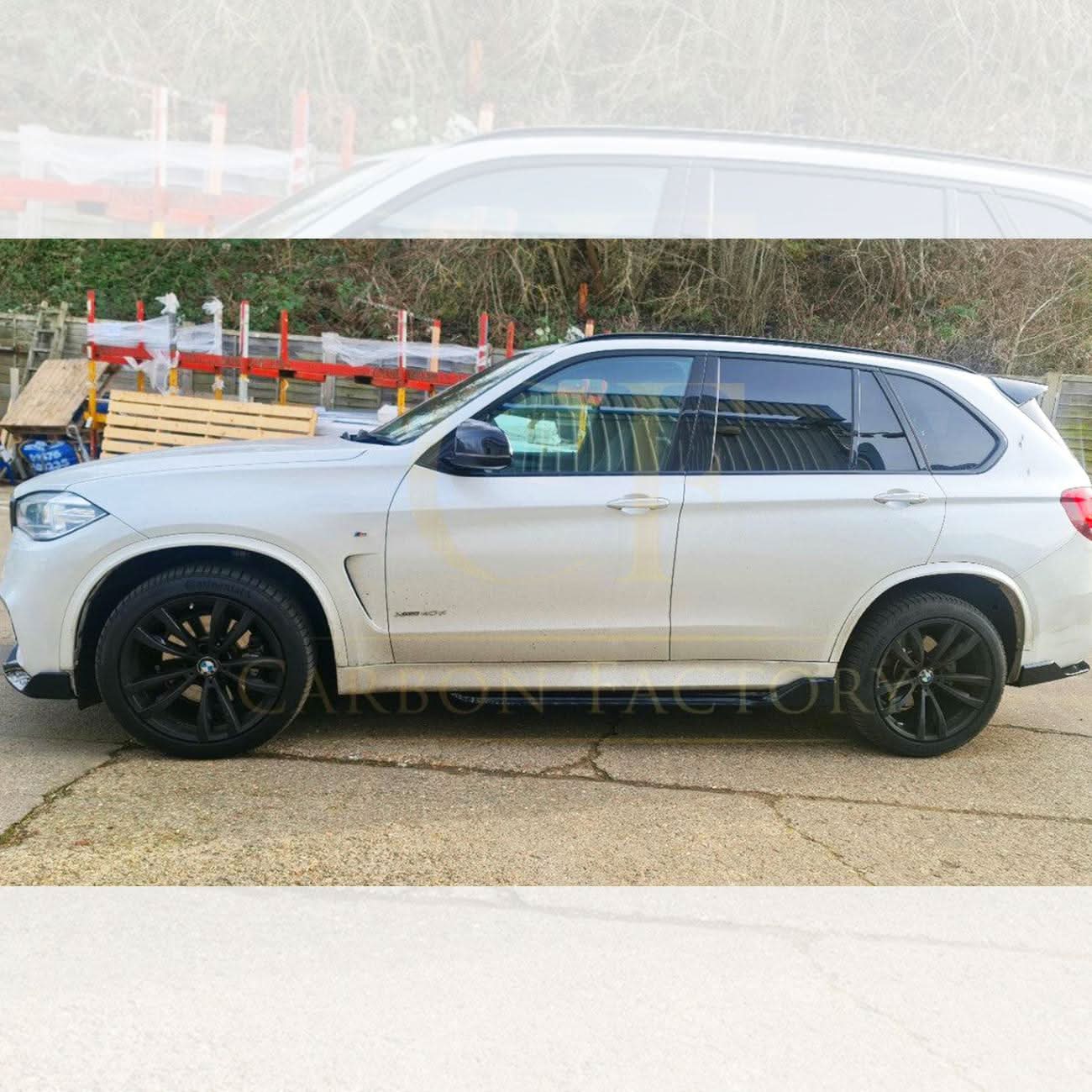 Gloss black BMW F15 X5 body kit with splitter, diffuser, side skirts, and spoiler, featuring carbon factory style design.