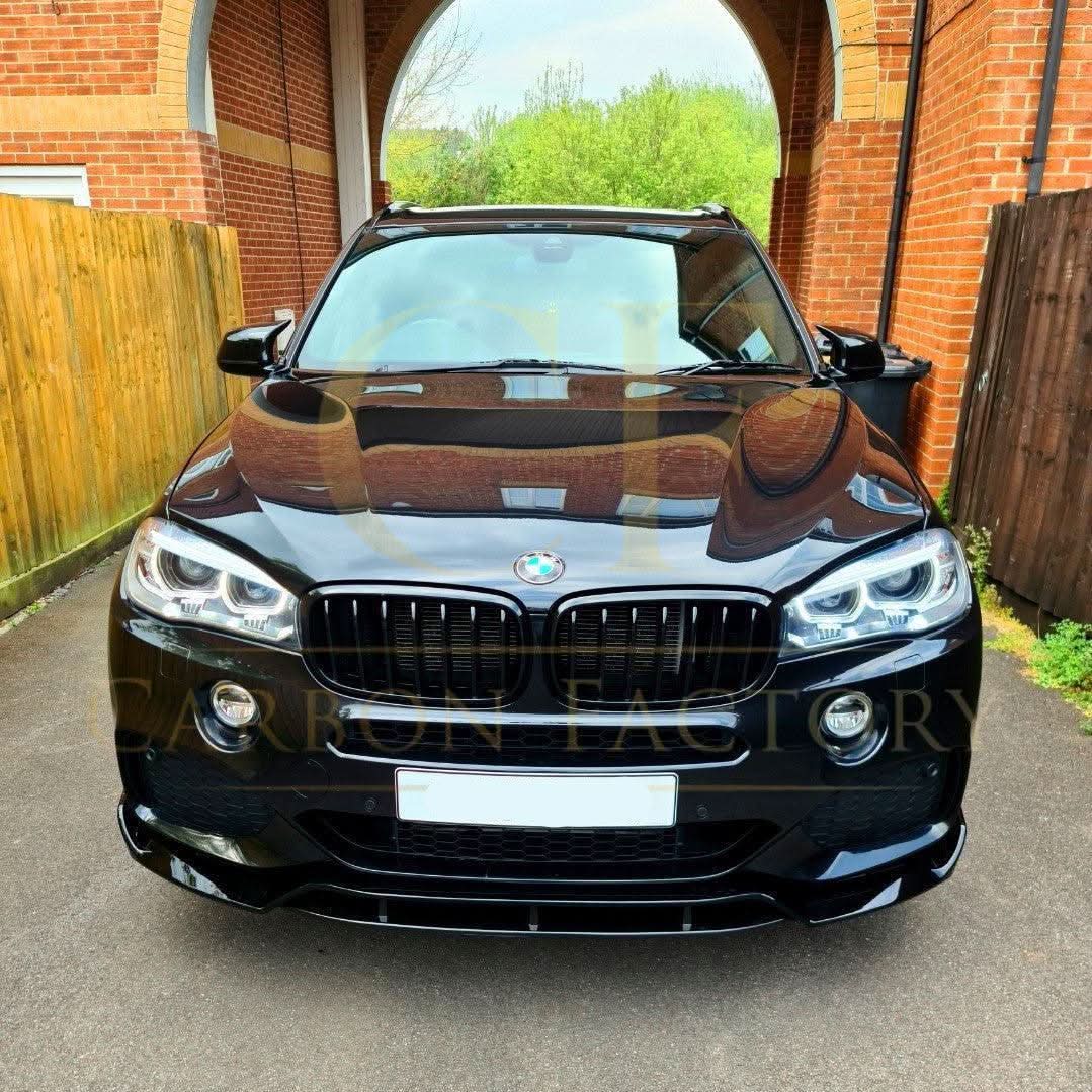 Gloss black BMW F15 X5 body kit with splitter, diffuser, side skirts, and spoiler in carbon factory style for 2013-2018 models.