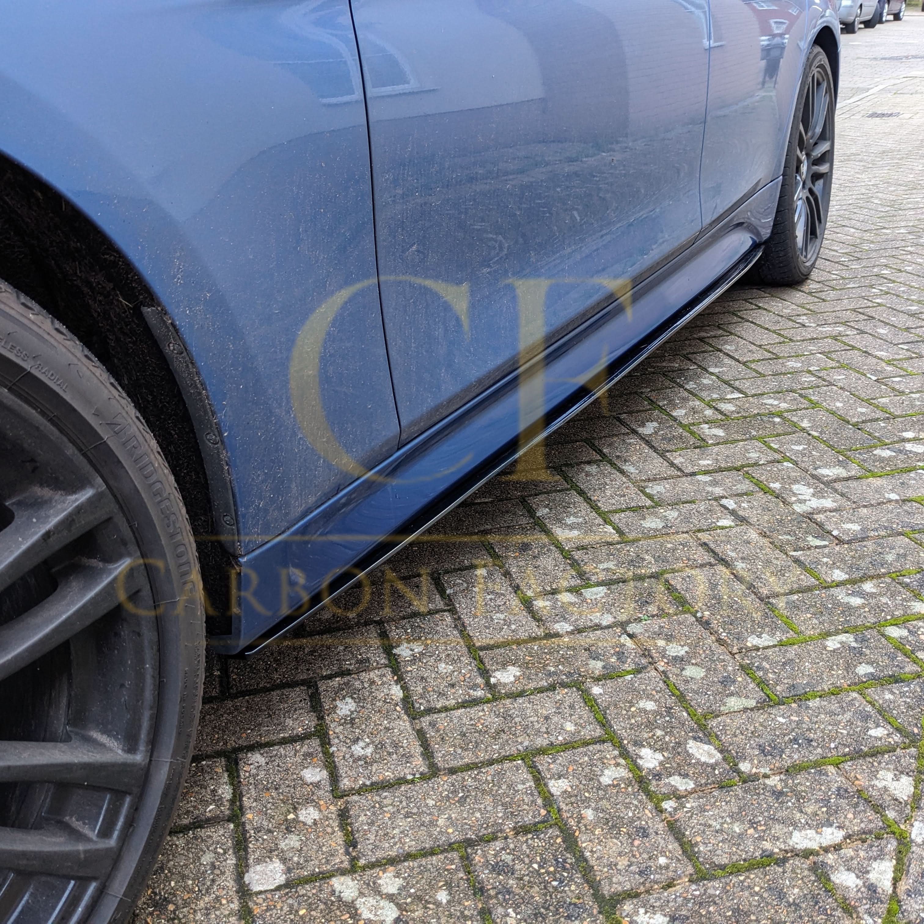 Gloss black MP Style side skirts for BMW F30 F31 3 Series 12-19, showing sleek exterior design and fitment details.
