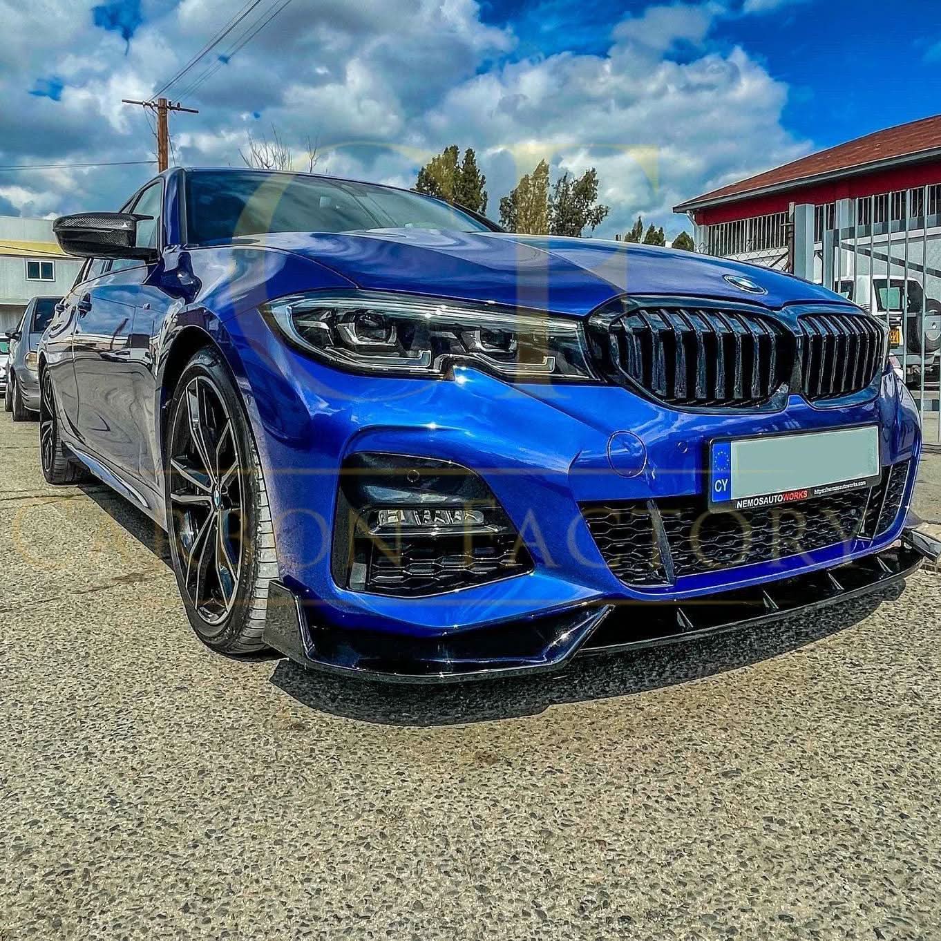 Gloss black competition-style front splitter for BMW 3 Series G20 G21 Pre-LCI models, enhances sporty appearance and aerodynamics.