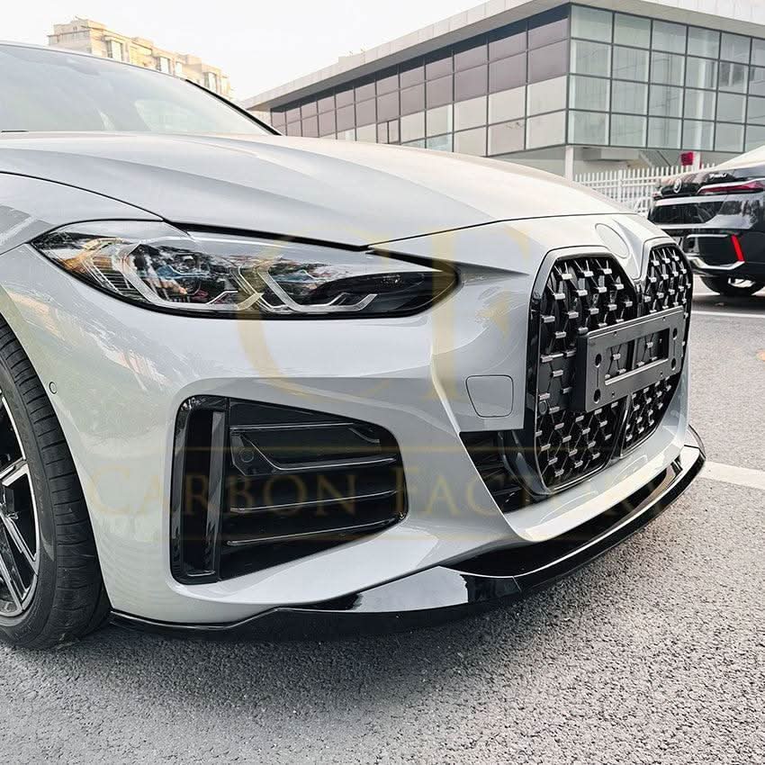 Gloss black front splitter for BMW 4 Series G26 Gran Coupe i4, made by MP Style, shown installed on the vehicle's front bumper.