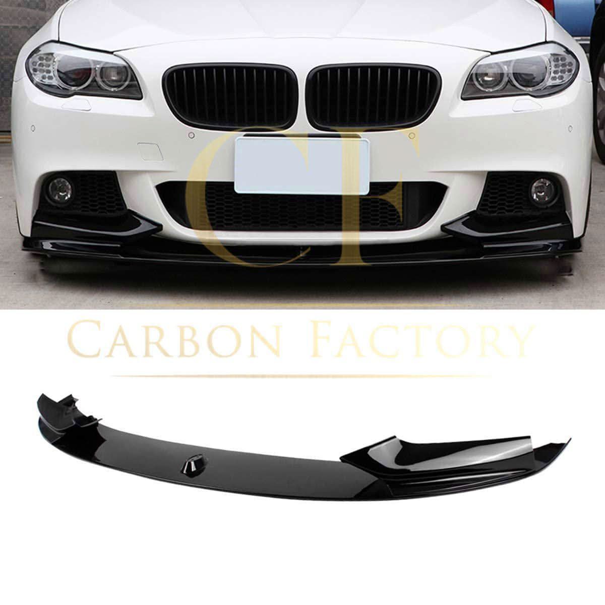 Gloss black MP Style front splitter for BMW F10 and F11 5 Series, featuring a sleek design visible on the car's front bumper.