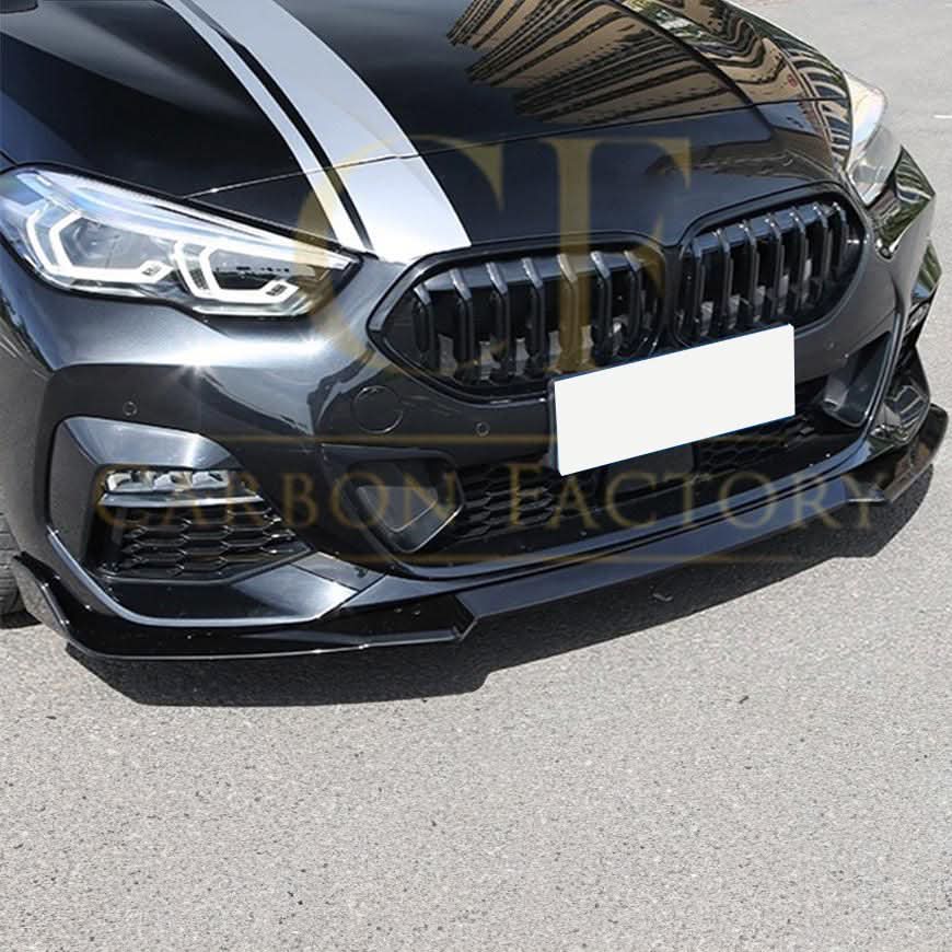 Gloss black front splitter for BMW F44 2 Series 4-door, MP Style, designed for sporty enhancement and aerodynamic performance.