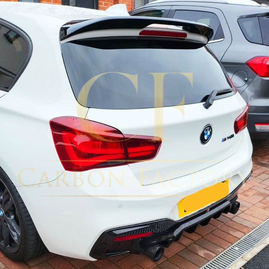 Gloss black roof spoiler for BMW F20 F21 1 Series, MP Style, enhances sporty look, visible on the car's roof in the image.