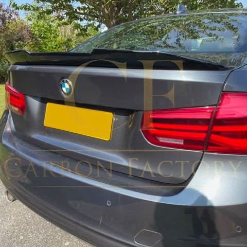 Gloss black PSM-style boot spoiler for BMW 3 Series F30 F80 sedan, includes M3 models, enhances sporty appearance.
