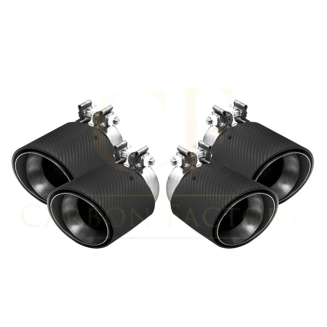 OEM style Pre-Preg Carbon fibre exhaust tips for BMW G90 G99 M5, showcasing sleek black finish and polished metal tips.