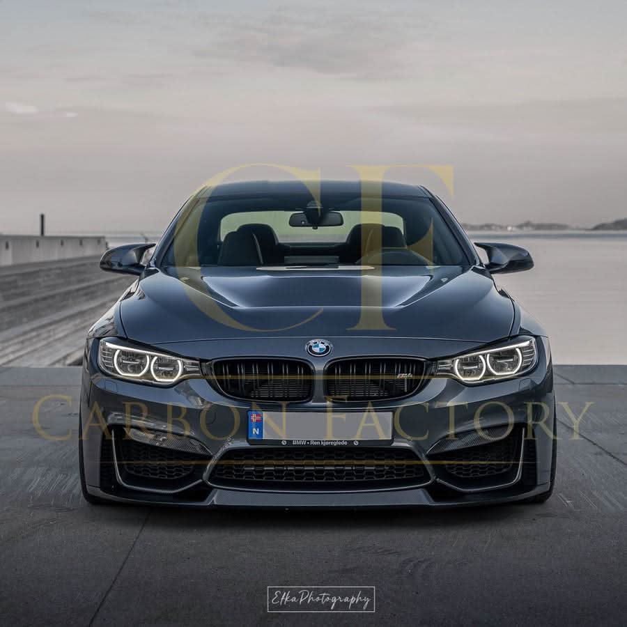 OEM-style carbon fibre front bumper trims for BMW F80 M3 F82 M4 F83, exterior trims with a sleek carbon fibre finish.