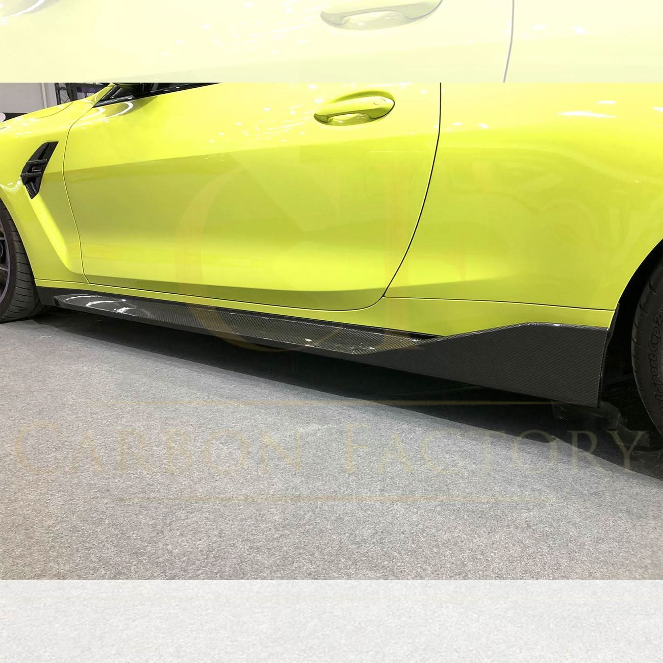 Pre-Preg Carbon fibre side skirts for BMW G82 G83 M4, showcasing sleek, lightweight aerodynamic design in black carbon fiber.