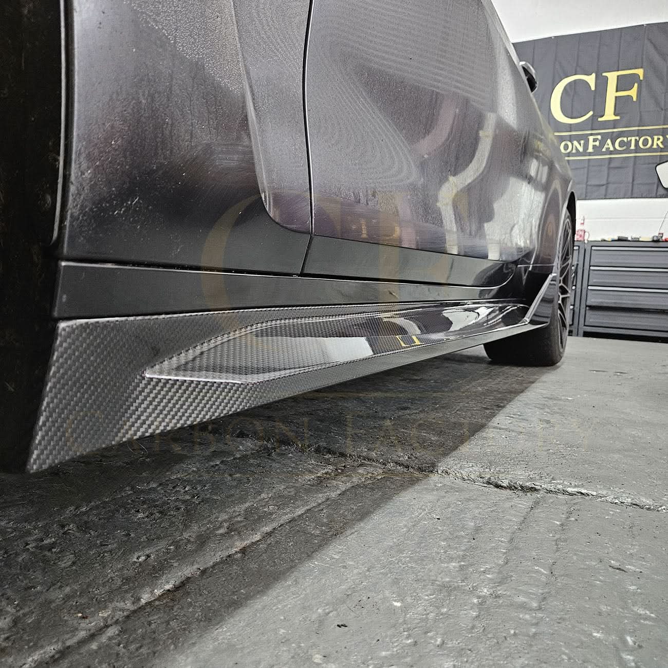 Pre-Preg Carbon fibre side skirts for BMW G82 G83 M4, showcasing sleek design and high-quality carbon fiber material.