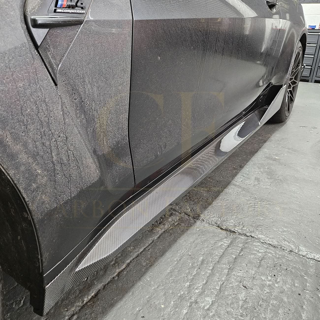 Pre-Preg Carbon fibre side skirts for BMW G82 G83 M4 2021-present, featuring sleek, aerodynamic design and carbon fibre finish.