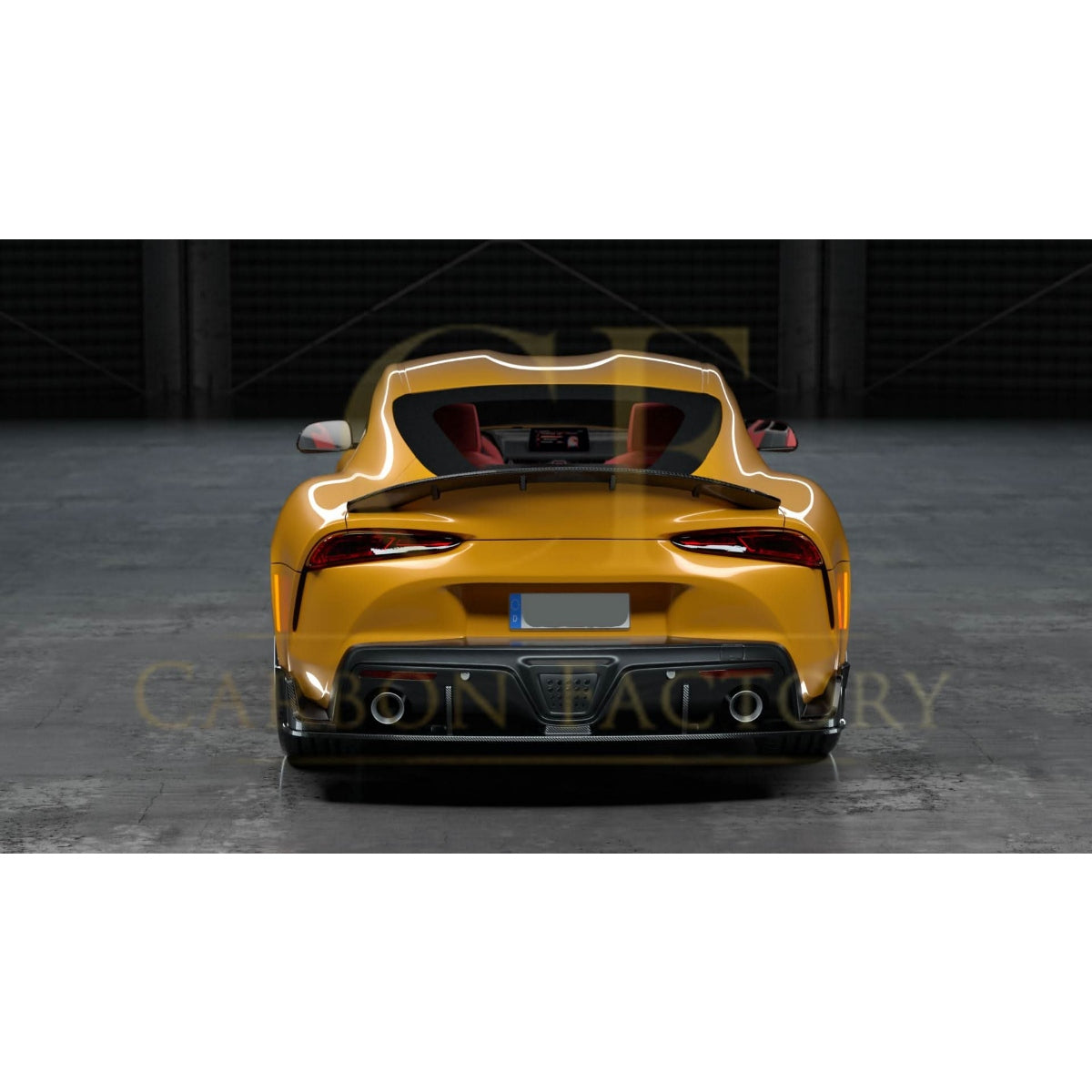 Carbon fibre rear spoiler for Toyota A90 Supra, stylish and aerodynamic, designed for improved performance and sporty appearance.