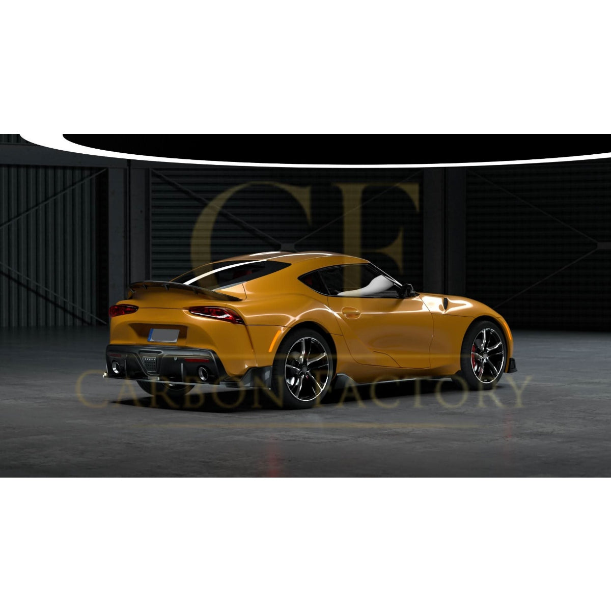 Carbon fibre rear spoiler for Toyota A90 Supra, stylish aerodynamic upgrade, enhances sporty appearance and rear stability.