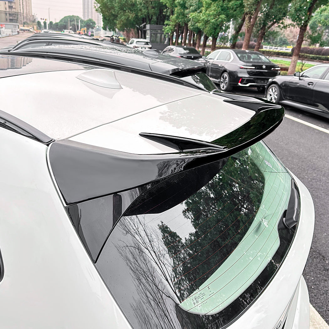 Gloss black roof spoiler for BMW G01 X3 and ix3, featuring sleek design and aerodynamic style.