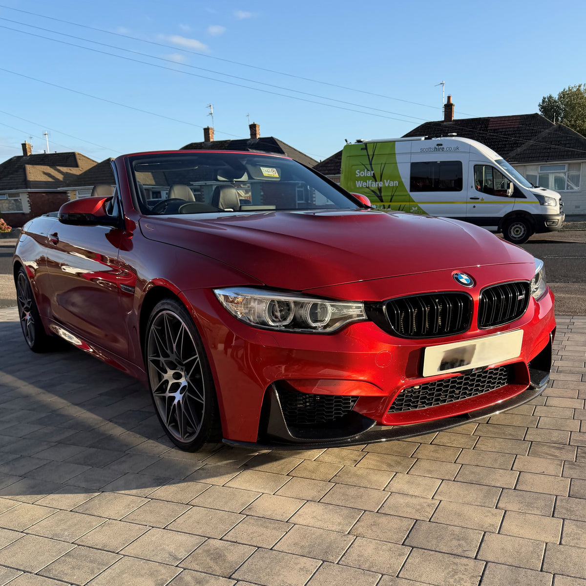 Carbon fibre front splitter for BMW F80 M3, F82 M4, and F83 M4, 1-piece design, enhances sporty appearance and aerodynamics.