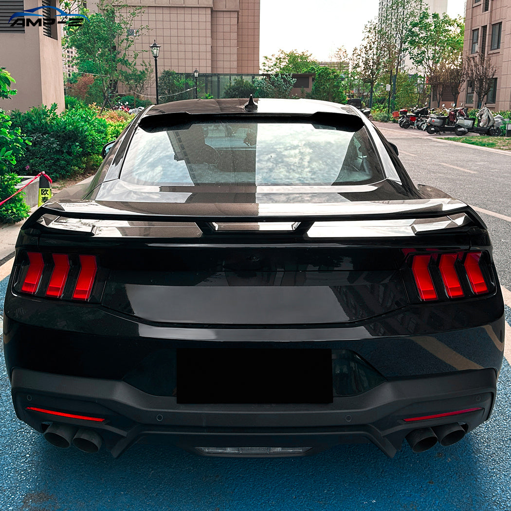 Gloss black roof spoiler for Ford Mustang S650 MK7 2024 model, showing sleek aerodynamic design and smooth finish.