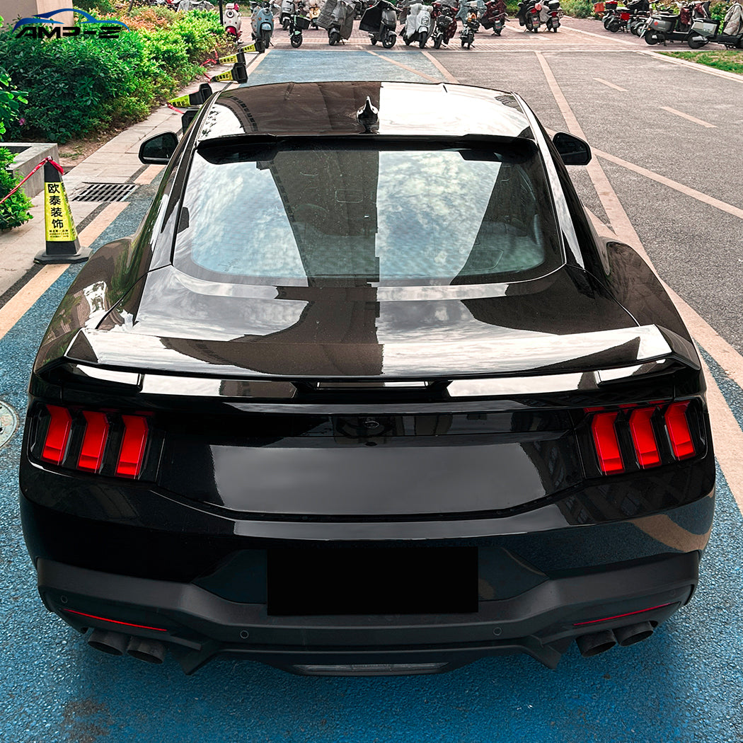 Gloss black roof spoiler for Ford Mustang S650 MK7 2024 and later, showing sleek aerodynamic design on the car's rear roof area.