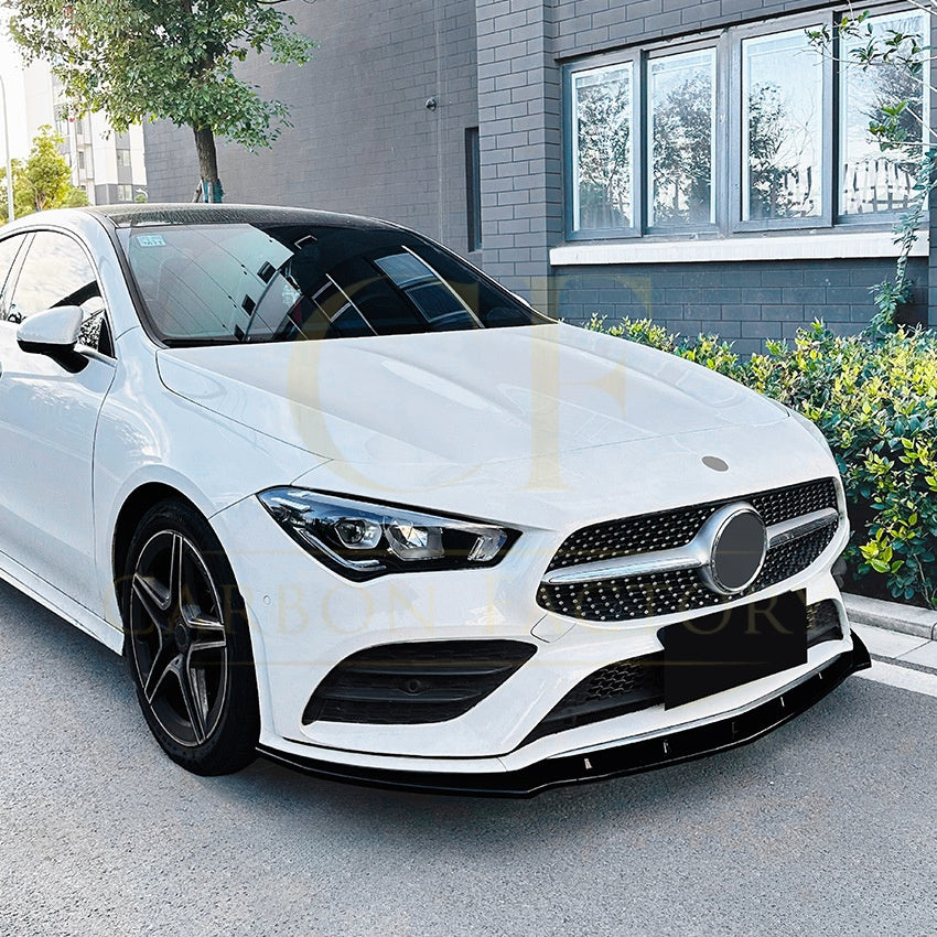 Gloss black front splitter for Mercedes Benz W118 CLA 2019-2023, enhancing aerodynamics and sporty appearance.