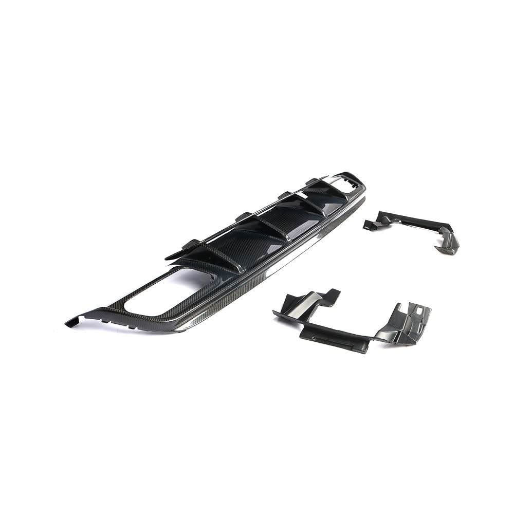 AMG-style carbon fiber rear diffuser for Mercedes-Benz W176 A-Class 2013-2018, showcasing sleek design and high-quality finish.