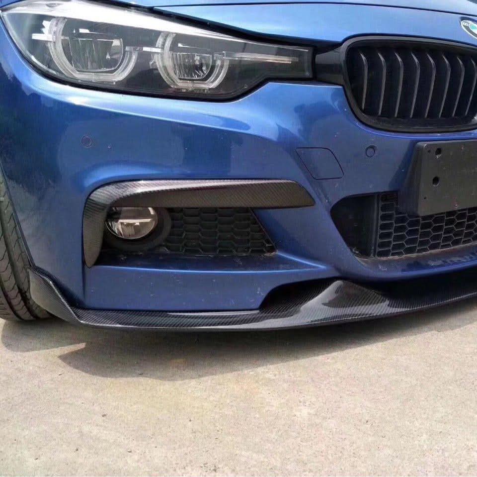 Carbon fibre front bumper upper trims for BMW 3 Series F30 2012-2019 exterior accessories, showing the sleek, textured finish.