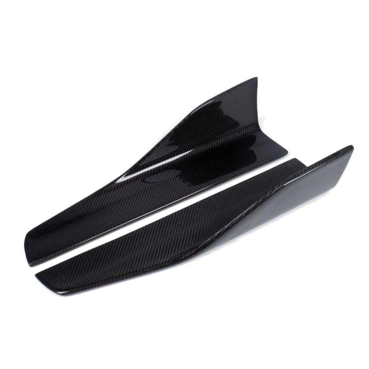 E Style universal carbon fibre side skirts installed on a vehicle, showcasing sleek, lightweight automotive side skirt design.