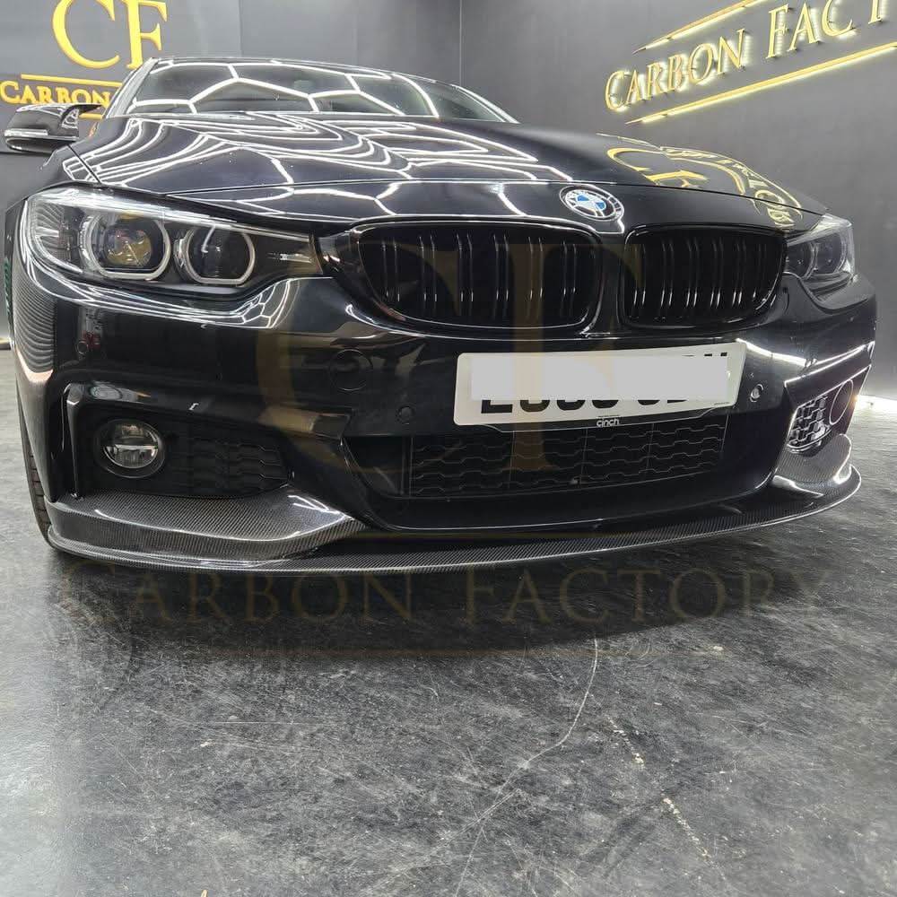 Carbon fibre front splitter for BMW F32, F33, F36 4 Series models 2014-2020, enhancing sporty appearance and aerodynamics.