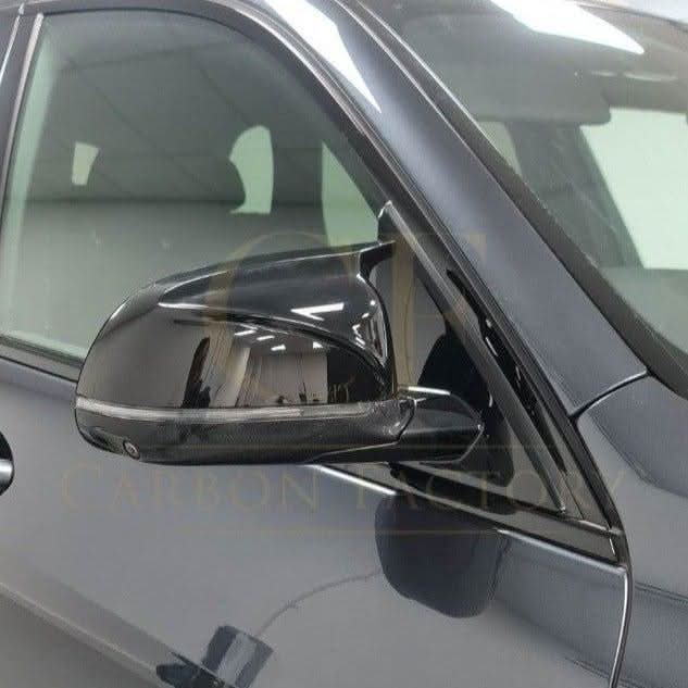 Gloss black CF style replacement mirror covers for BMW G01 X3, G02 X4, G05 X5, G06 X6, G07 X7 models, set of four.