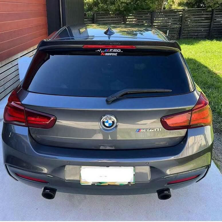 3D style carbon fibre roof spoiler for BMW 1 Series F20 F21, featuring sleek design and high-quality carbon fibre material.
