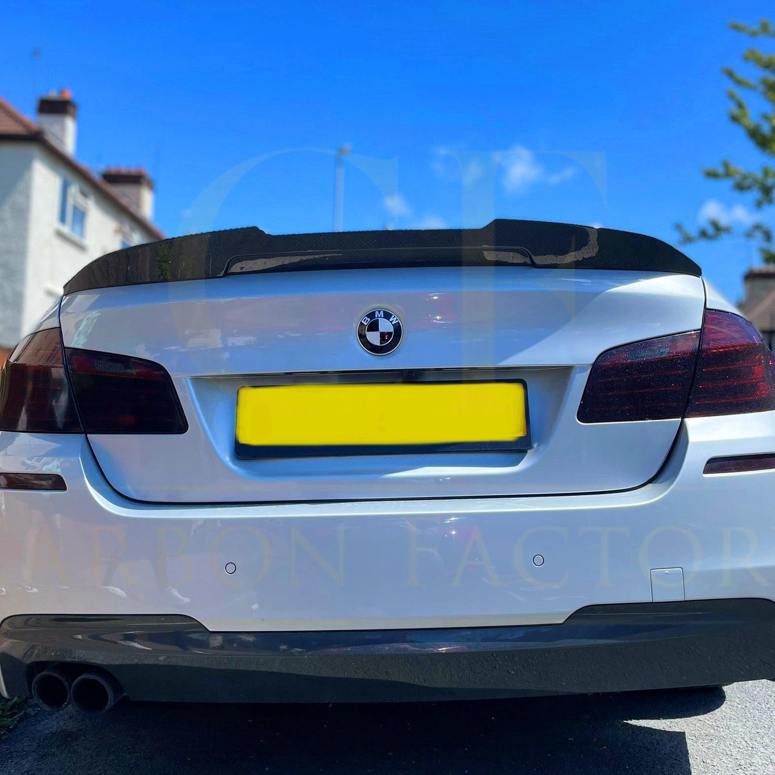 Carbon Fibre PSM Style BMW 5 Series F10 boot spoiler with integrated M5 design, lightweight and aerodynamic.