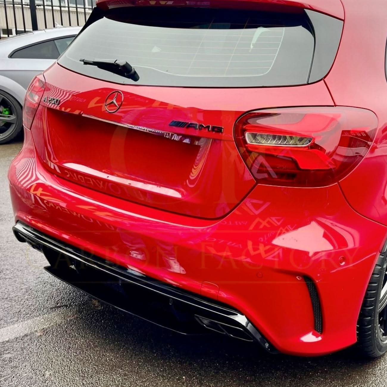 Gloss Black rear diffuser with exhaust tips for Mercedes-Benz W176 A-Class 2013-2018, AMG-style, enhances sporty rear look.