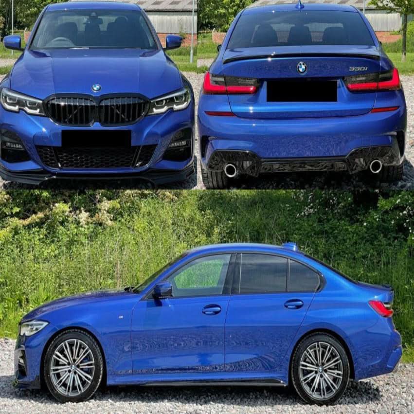 Gloss black styling kit for BMW 3 Series G20, includes front and rear accents for a sleek, customized look.