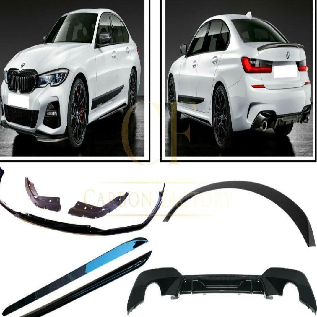 Gloss black styling kit for BMW 3 Series G20, featuring sleek exterior accessories for 2019-2021 models.