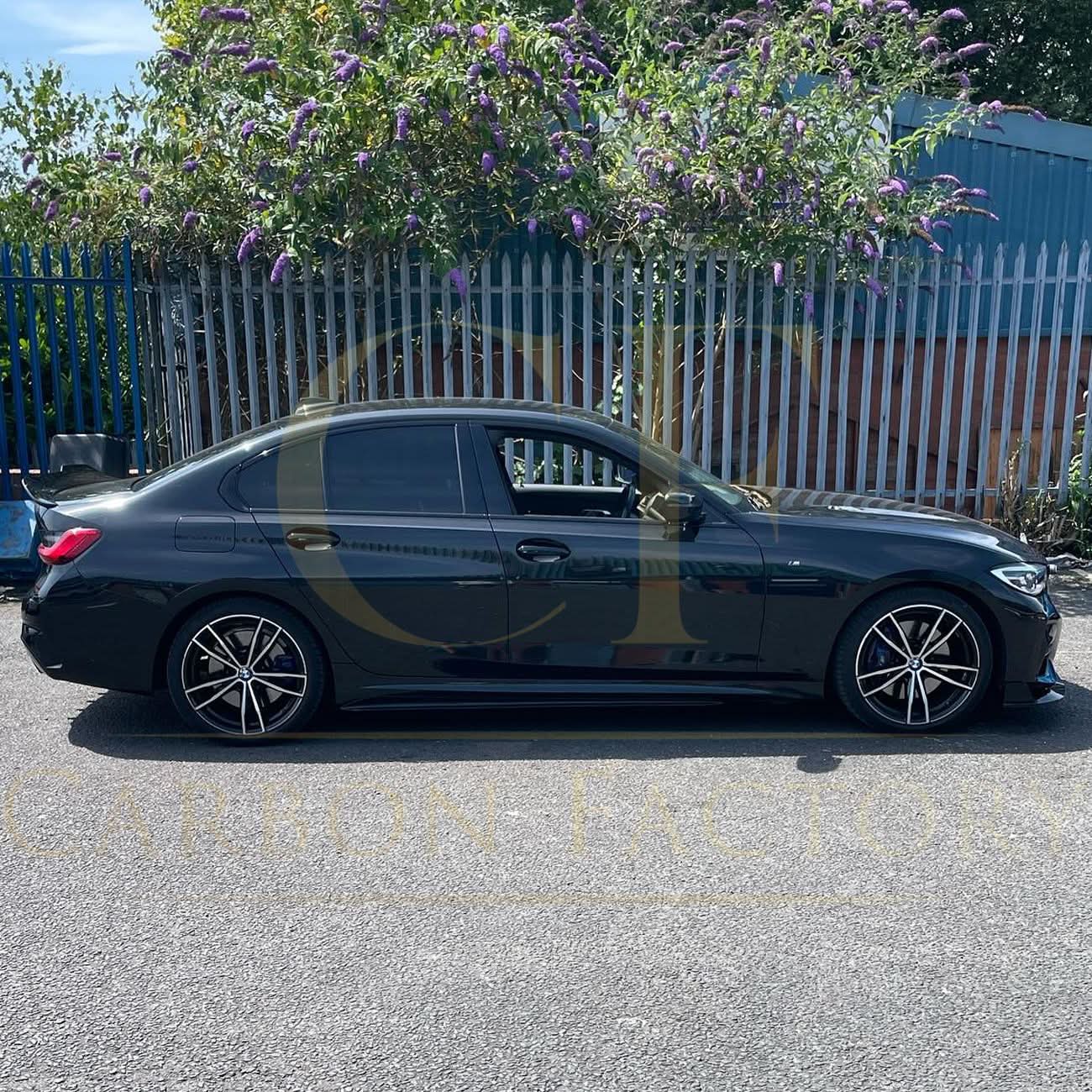 Gloss black MP Style side skirts for BMW 3 Series G20 G21, 2019-present, showcasing sleek side skirt design and finish.