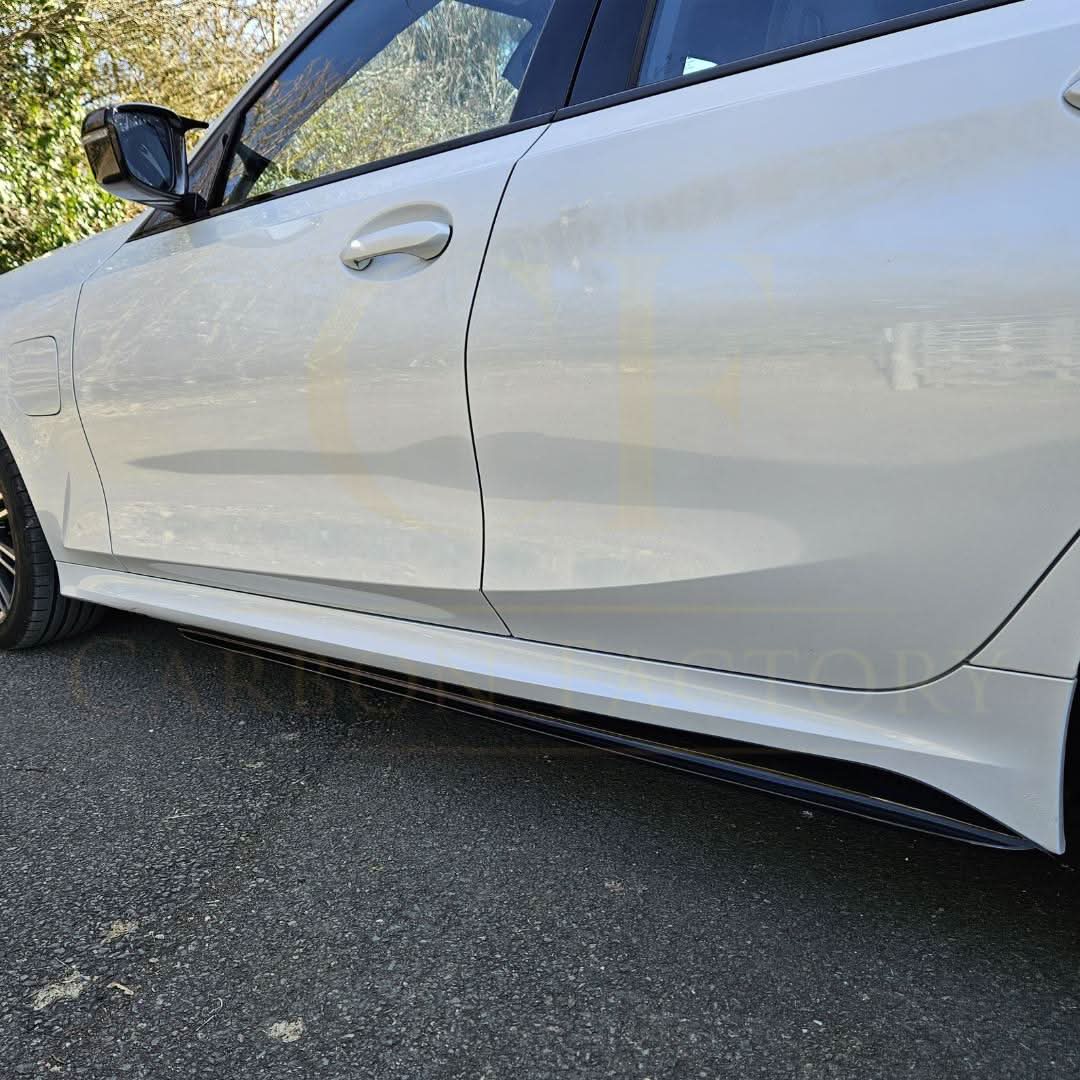 Gloss black MP Style side skirts for BMW 3 Series G20 G21, 2019 and newer, shown on a sleek vehicle.