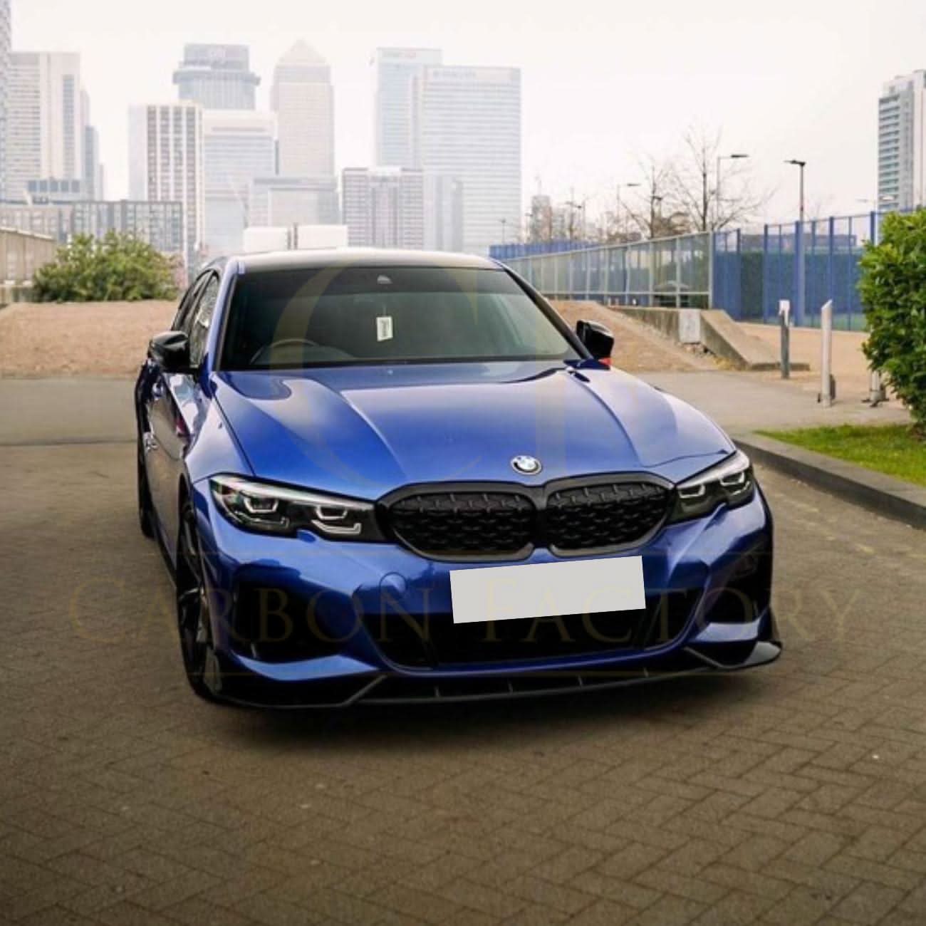 Gloss Black competition-style front splitter for BMW 3 Series G20 G21 Pre-LCI 2019-2022, enhances sporty appearance.
