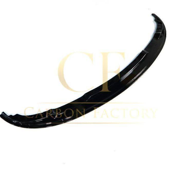 Gloss black MP Style front splitte for BMW E90 3 Series LCI 09-13, showcasing aerodynamic design and fitment details.